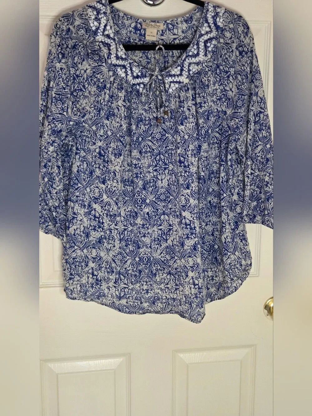 Lucky Brand 1X Blue White Lslvs Printed Peasant Boho Women's Top Blouse